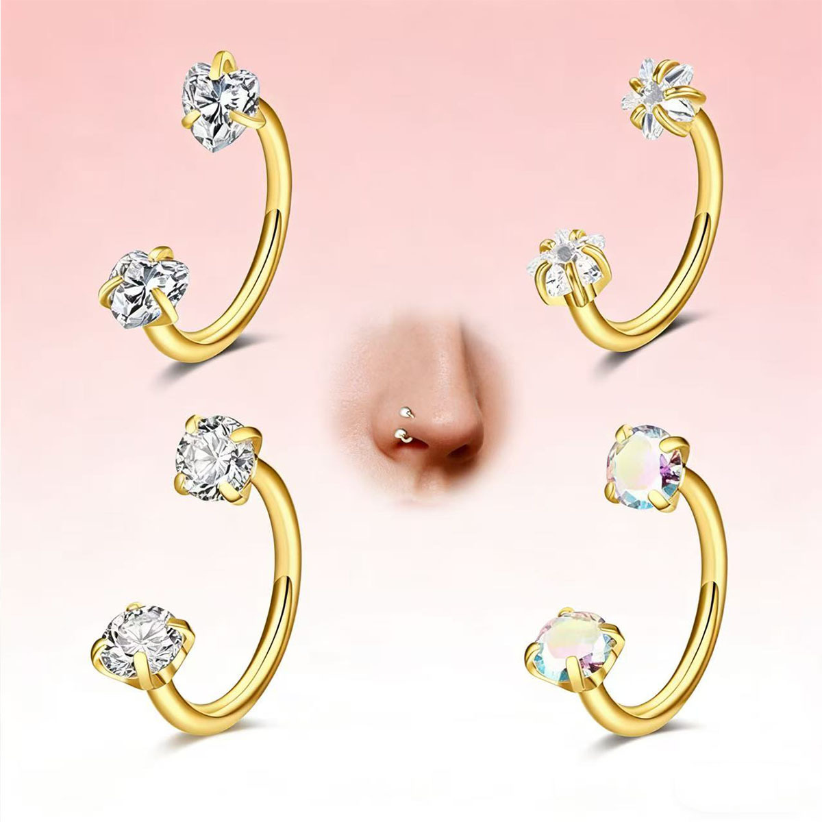 European and American Stainless Steel Horseshoe Barbell Internal Thread C-Shape U-Shaped Double-Ended Zircon Nose Ring Body Piercing Nose Stud Lip Ear Stud Jewelry