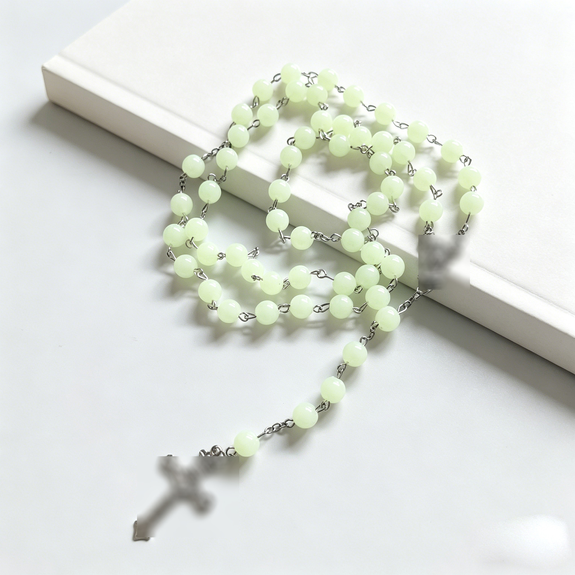 Foreign Trade Cross-Border Prayer Beads 8mm Luminous Round Beads Cross Necklace Beaded Sweater Chain for Men and Women