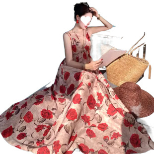 Printed Sling dress Summer French Style Retro Loose Sanya Beach Ankle-length Dress