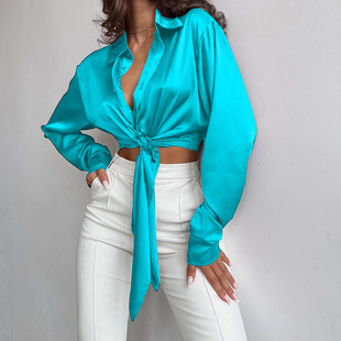 FD1191 in stock 2024 spring new cross-border fashion temperament lapel long sleeve umbilical leakage shirt short women's top