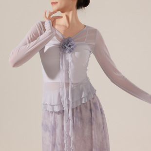 Dancing Clothing Adult Women's Stretch Water Gauze Long-sleeved Slim-fit Flower Modern Dance Body Training Clothing Dancing Performance Top