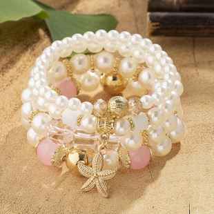 Cross-border New Creative Bohemian Bracelet Pearl Elastic Bracelet Metal Multi-layer Starfish Pendant Jewelry Women