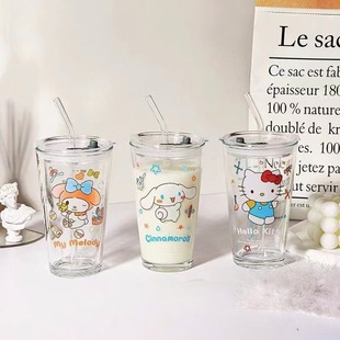 Sanrio Glass Simple Fashion Double Drinking Cup with Lid Scale Milk Cup Thickened Beverage Juice Milk Tea Cup