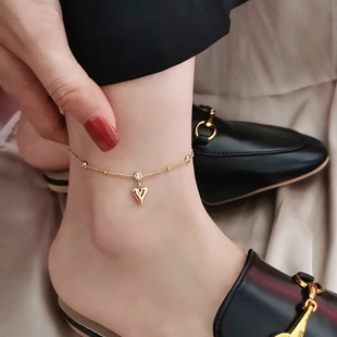 New 18K gold V Love diamond anklet female zircon love girl's foot decoration titanium steel non-fading niche design