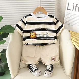 Summer Boys suit Short Sleeve Shorts Cute Striped Three-dimensional Little Lion Two-piece Set suit Thin One-piece Hair