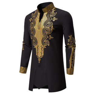 2024 Europe and the United States cross-border new men's national style robe printed collar long sleeve shirt trousers casual suit