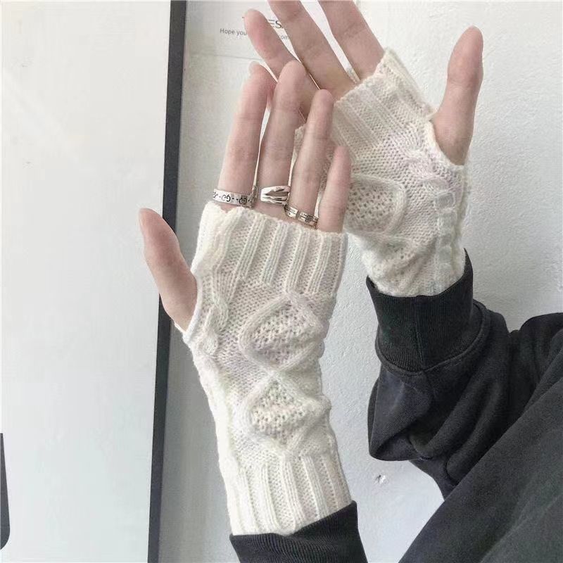Half-Finger Gloves Knitted Autumn and Winter Fingerless Dark Student Gloves Couple Fingerless Half Gloves Writing Warm Gloves