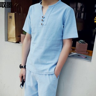 Linen suit Men's Short-sleeved T-shirt Summer Round Neck Youth Solid Color Sports Linen Half Beach Shorts Casual suit