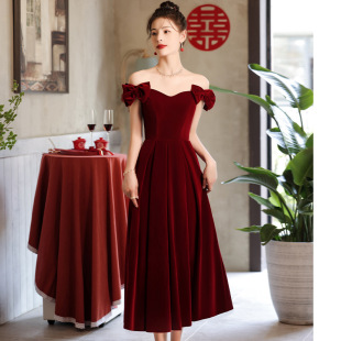 Burgundy Wedding Toasting Dress Bride 2024 New Arrival Engagement Dress Little Man Dress Bow off Shoulder