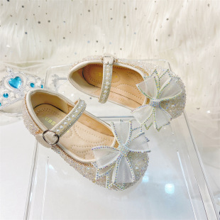 Girls' Soft Sole Children's Princess Aisha Shoes 2024 Spring and Autumn Flower Children's Crystal Shoes Bow Leather Shoes Little Girl's Shoes