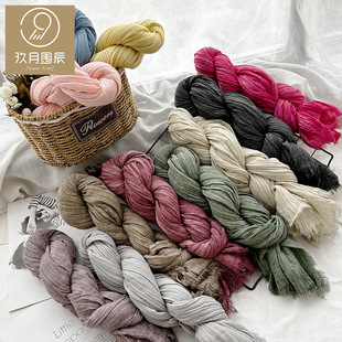 Artistic retro color pleated solid color scarf Japanese and Korean style four seasons good set decorative cotton scarf cross-border supply wholesale
