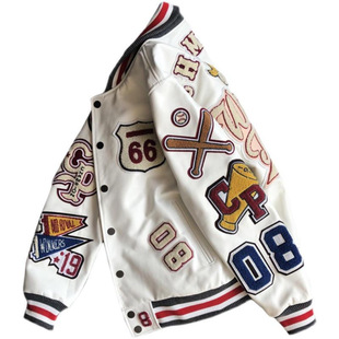 New heavy-duty embroidered leather jacket men's casual short jacket baseball uniform PU leather short jacket loose top ins fashion