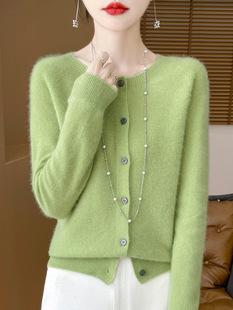 Pure Wool Cardigan Osmanthus Needle Women's Round Neck One-Line Seamless Sweater Autumn and Winter Coat Loose Outer Long-Sleeved Knitted Sweater