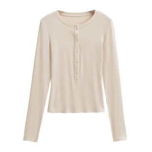 Autumn 2024 New American Henry Collar Half-breasted Long-sleeved T-shirt Women's Spice Girls Slim-fit Slimming Base Shirt Top