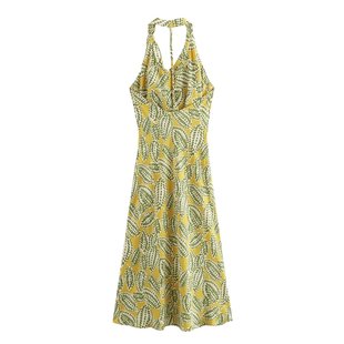 10473-summer New Women Clothes European and American Style Hanging Neck Swing Collar High Waist Print Dress Women