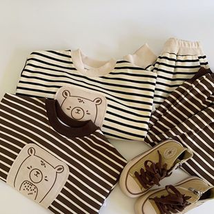 Maibao Children's suit 2025 Spring New Boys' Tape Bear Striped Sweatshirt Casual Pants Two-Piece Set