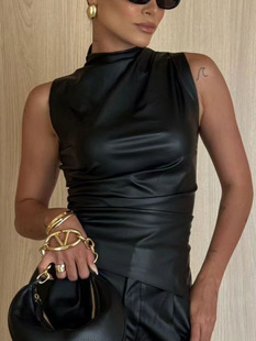 Amazon European and American style women's 2024 new leather pile collar personality waist slant sleeveless top women's vest