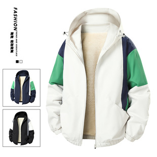 Mountain Outdoor Jacket fleece-lined Thickened Stitching Retro Contrast Color Cross-border Hooded Jacket for Men and Women Couple Fashion Brand