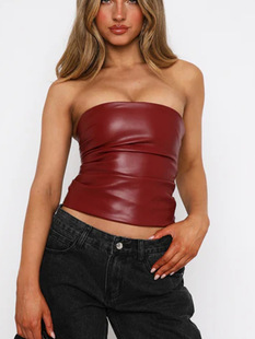 European and American Style 2024 Elegant Fashion Solid Color PU Leather Stitching Sexy Strapless Pleated Backless Slim-Fit Vest