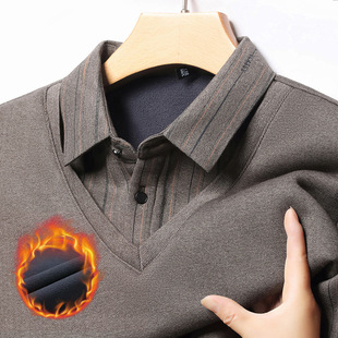 Middle-aged Men's Long-sleeved Striped T-shirt Autumn and Winter Thickened Shirt Collar Top Fake Two-piece fleece-lined Base Polo Shirt
