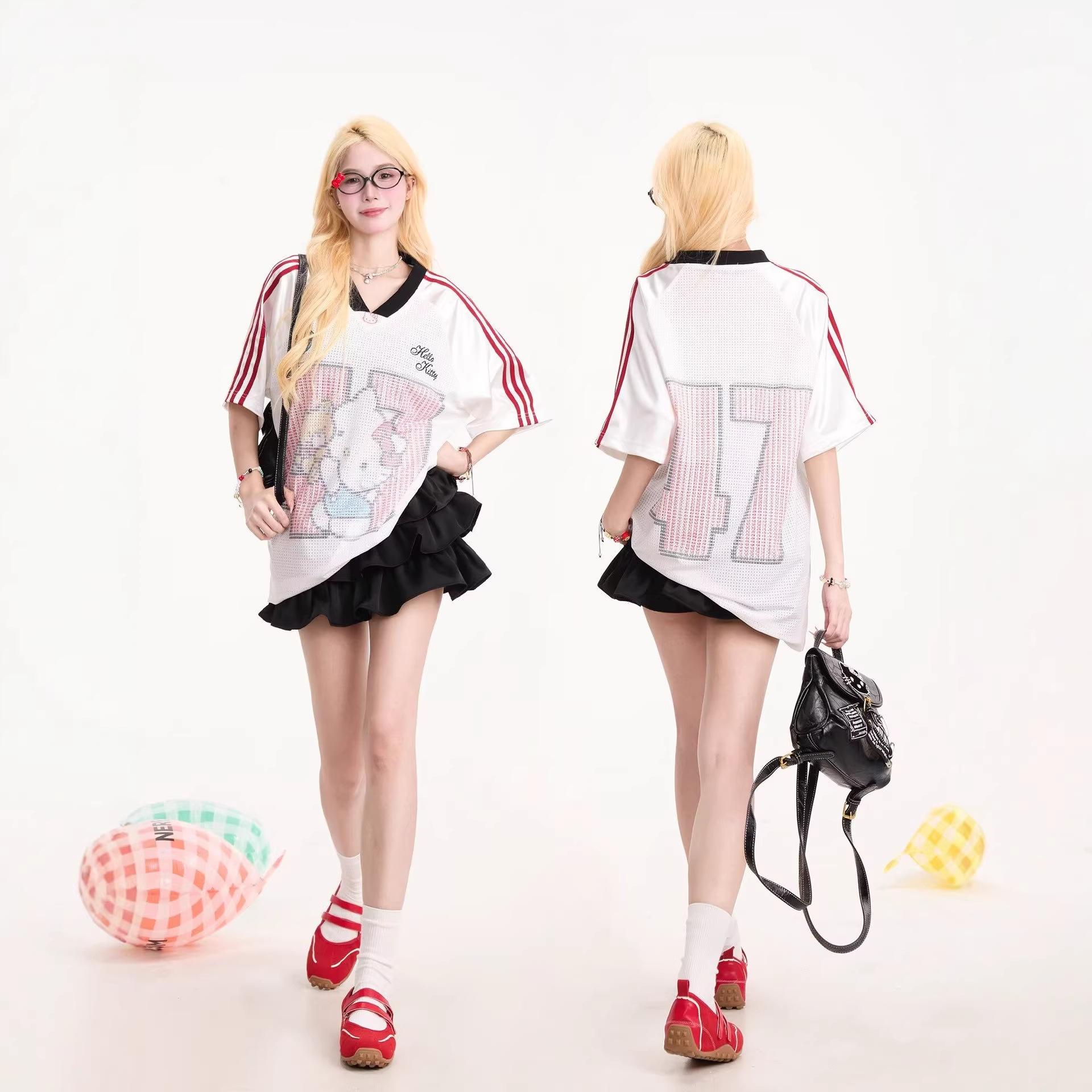 Cross-Border Summer New Cartoon Short-Sleeve Women's Hello Kitty Print Fashion Versatile V-Neck T-Shirt Striped Top