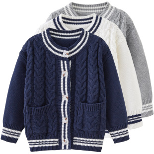 2024 new spring and autumn round neck contrast color children's sweater cardigan children's coat cotton and linen flower knitted cardigan girls