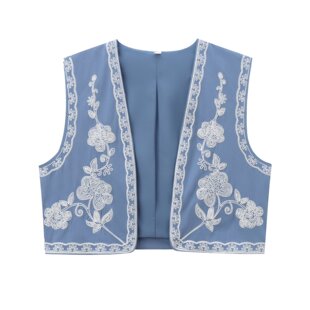 Foreign trade wholesale 2024 autumn ZA series flower embroidery comfortable sleeveless short vest top 6895226