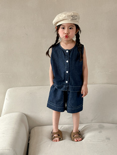 Children's Summer Denim Set Girls 2024 New Casual Baby Clothes Boys Vest Shorts Brother and Sister Summer Clothes