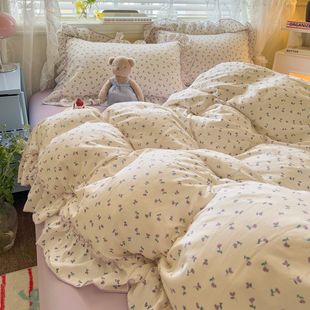 Cartoon Fresh Girl Cute Bed Four-piece Set Washed Lace Student Dormitory Quilt Cover Bed Sheet Dormitory Three-piece Set