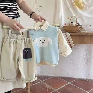 Boys' autumn suit 2024 new Korean version of children's sweater vest foreign-style male baby cartoon three-piece suit tide