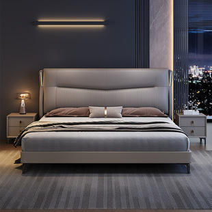 Italian Minimalist Bed Master Bedside Lights Leather Bed 1.8m Home Wedding Bed Small Apartment 1.5m Light Luxury Single Bed