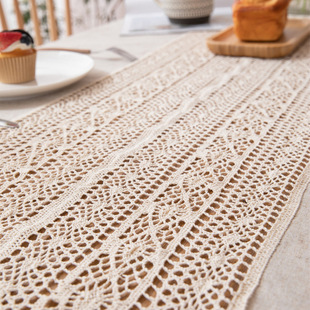 Amazon Cross-border Polyester and Linen Plain Hollow Flower Lace Tablecloth Simple Restaurant American Style Retro Tassel Coffee Table Tablecloth