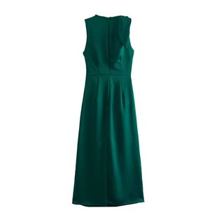 Foreign trade list! Spring and summer new women's European and American style round neck sleeveless pleated silk satin texture vest dress dress