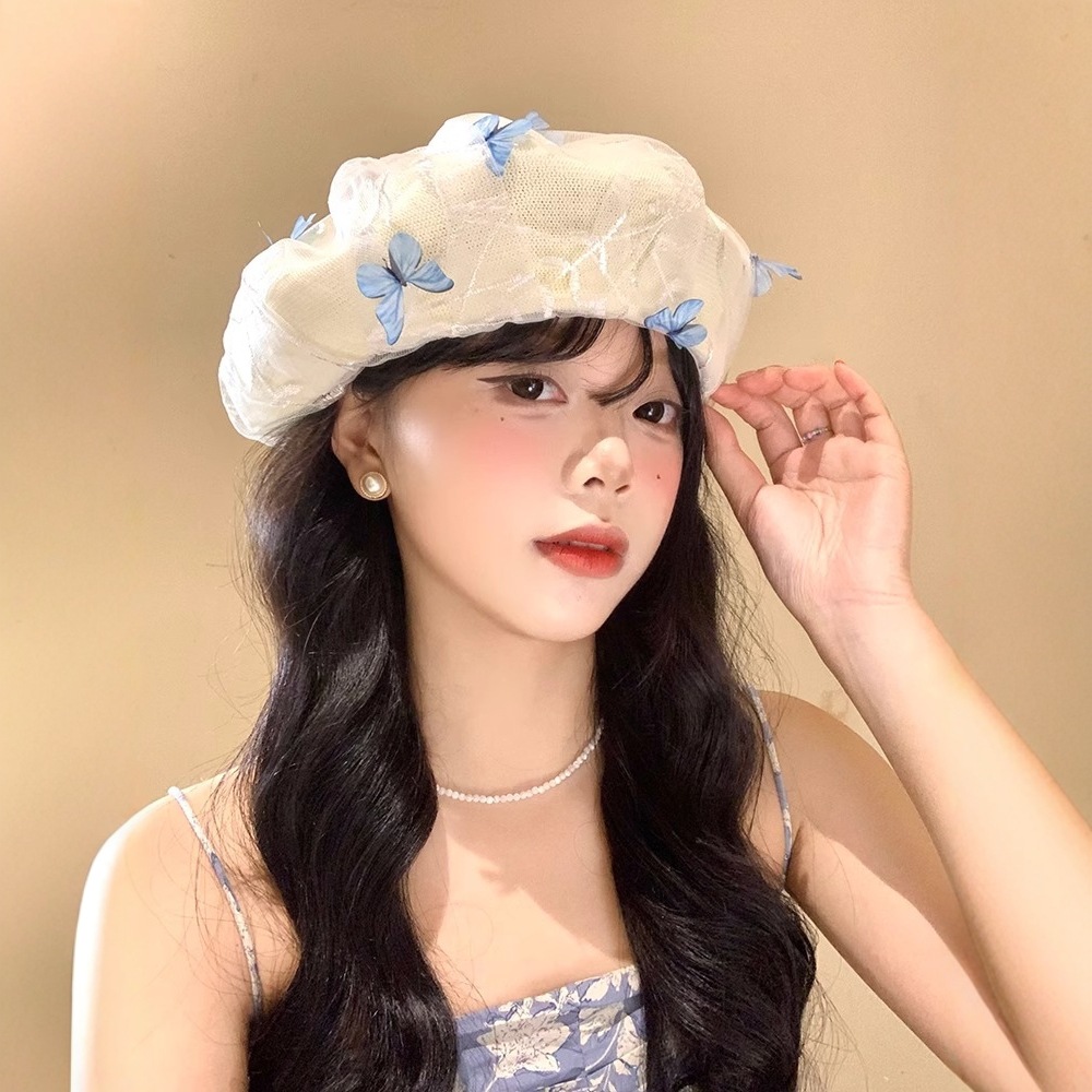 Three-Dimensional Cap-Shaped Mesh Sweet and Cute Butterfly Beret Women's Summer Thin Knitted Face-Showing Little Painter Hat