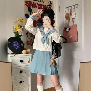 White and Blue Three-Piece Jk Uniform Skirt Basic Authentic Sailor Suit不良 Japanese College Style Suit Short-Sleeved A-Line Skirt