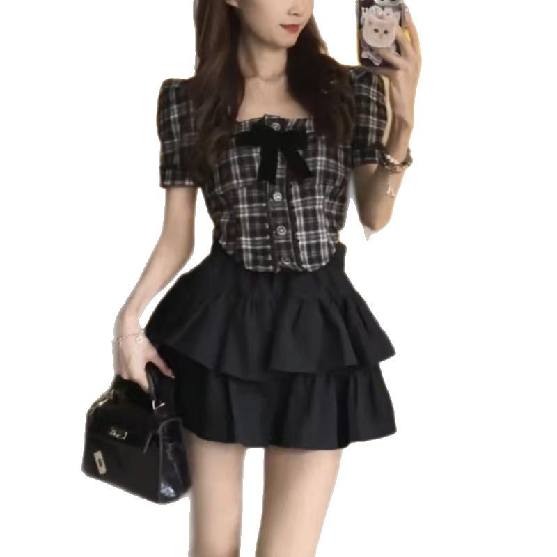 Summer Little Tea Wear Plaid Bubble Sleeve Shirt Black Cake Skirt Two-piece Suit Women