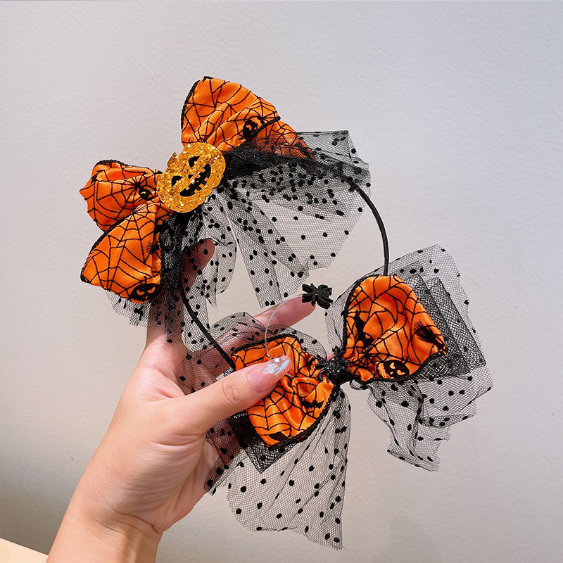 Cross Border Halloween Headwear Funny Pumpkin Bat Spider Web Hairband Deviruchi Mesh Bow Ghost Hairpin