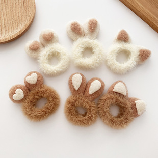 2 autumn and winter plush three-dimensional rabbit ears Brown cute ball head girl heart high elastic hair rope hair ring