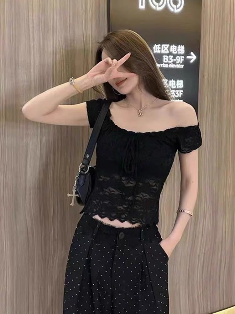 Pure Desire 섹시한 원 숄더 레이스 크로 셰 뜨개질 셔츠 가슴 패드가있는 여성용 반팔 셔츠 허리 슬리밍 달콤한 셔츠 기질 탑