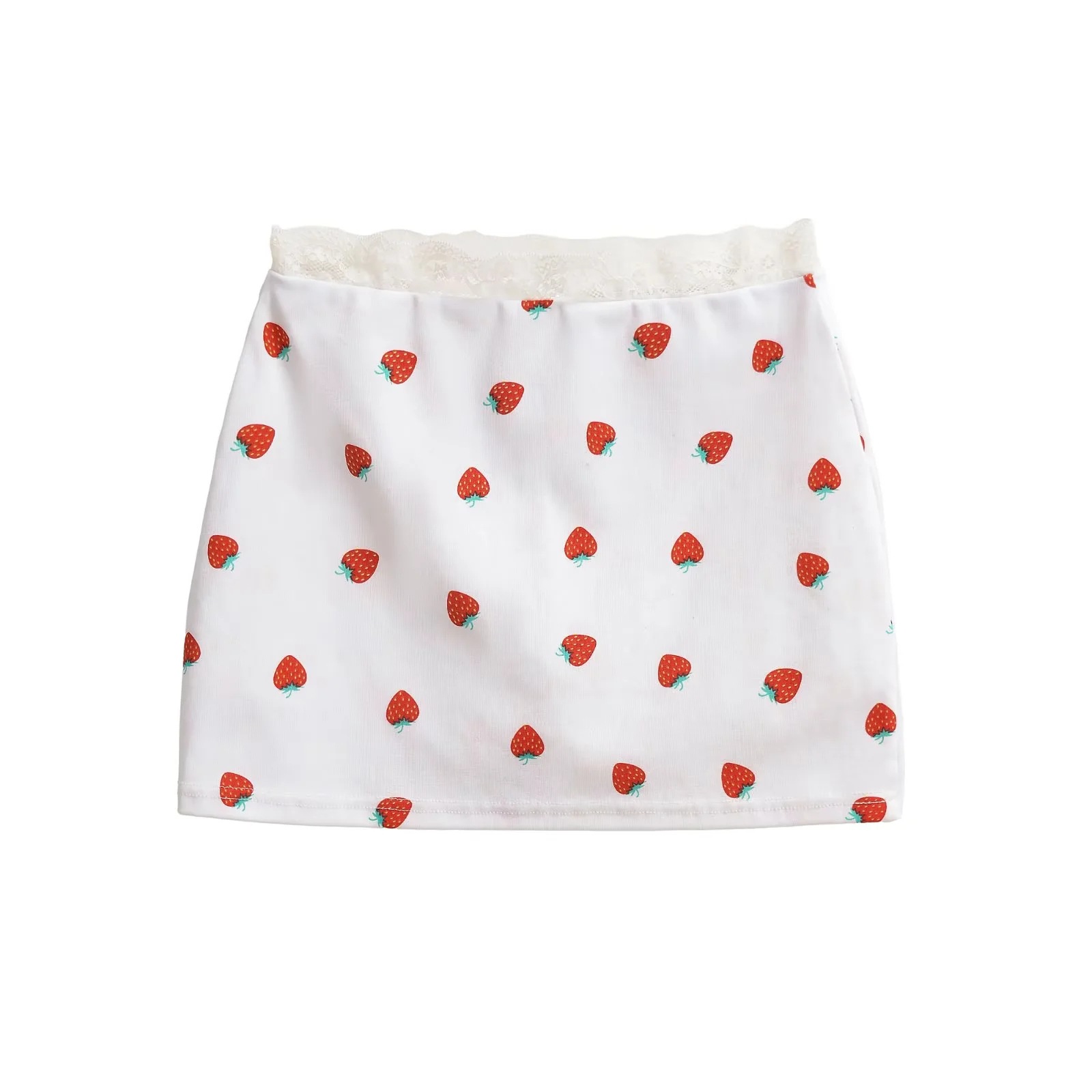 American-style spicy girl strawberry print low-waist short bodycon skirt, new summer lace trim sexy mini skirt