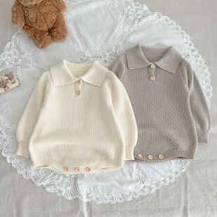 ins Autumn New Boys and Girls Baby Solid Color Simple Knitted Bubble Long Sleeve Bodysuit Baby Sweater Climbing Wear