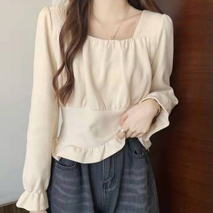 Fashion Long Sleeve Shirt Women's Design Sense Niche Autumn 2024 New Elegant French Style Collarbone Square Collar Short Top