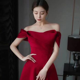 Satin Bride French Toast 2025 Spring New One-Shoulder Red Wedding Back Door Little Man Evening Dress