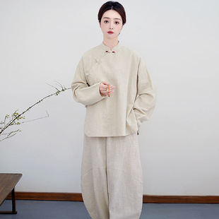 New Style Buddhist Zen Suit Women's Buddha Style Zen Style Women's Cotton and Linen Top Plain Clothes Chinese Style Oblique-breasted Top Temple Sergeant Suit