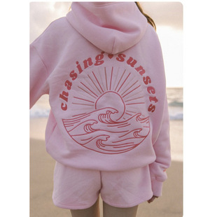 2024 European and American Fashion Amazon Casual fleece-lined Sweater Palm Print Kangaroo Pocket Drawstring Print Hoodie