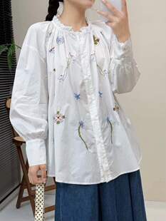 Spring new embroidery flower stand collar agaric lace ladies loose large version top shirt wholesale
