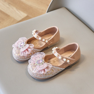 Girls' fashionable rhinestone bow shallow mouth leather shoes 2024 Spring and Autumn new children's sweet cute princess shoes