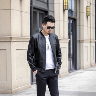 New Men's Fleece-lined Ice Crack Leather Men's Coat Threaded Collar Snowflake Fleece-lined Thickened Baseball Suit