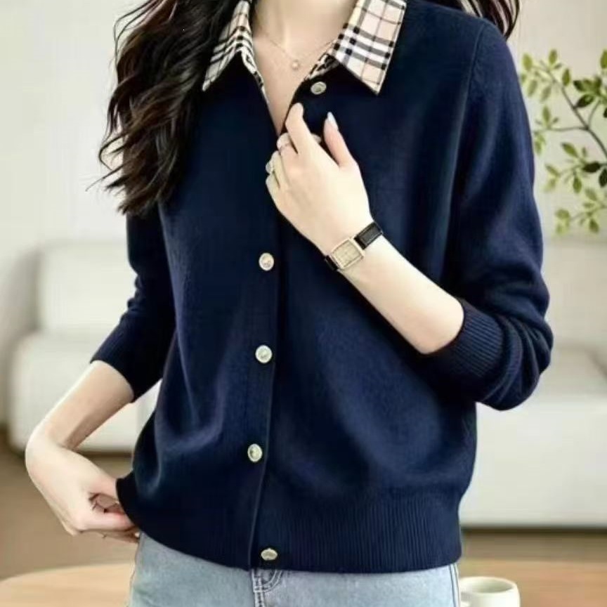 College-style plaid lapel patchwork long-sleeve cardigan, available in white, gray, black, red, apricot, and blue, one size fits all