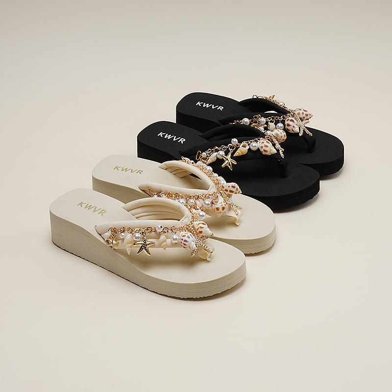 Casual Shoes with Flower Design, Platform Flip-Flops, Outdoor Wedge Sandals, Sweet Beach Shoes with Thick Non-Slip Soles